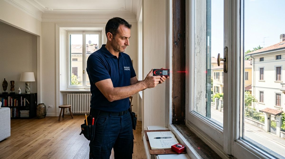 Tecnico che rileva con un metro laser le misure di una finestra in legno durante un sopralluogo in un appartamento